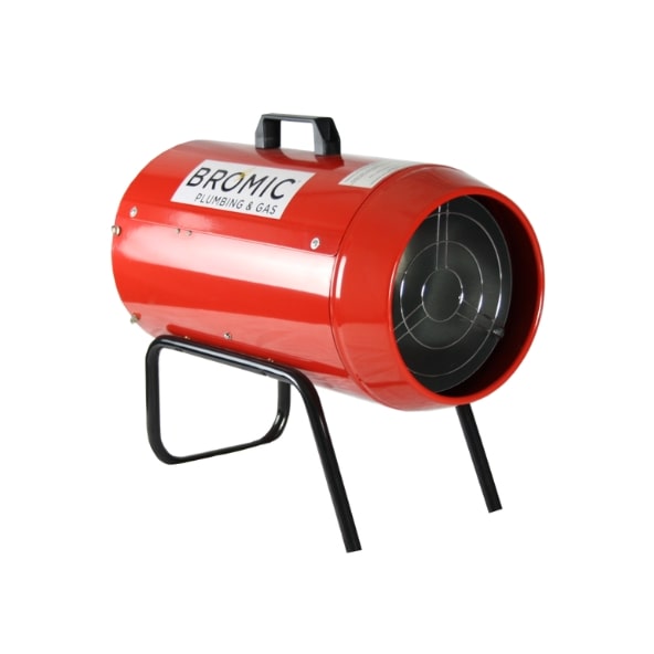 A portable red heater with a cylindrical shape rests on a black stand. The label reads 
