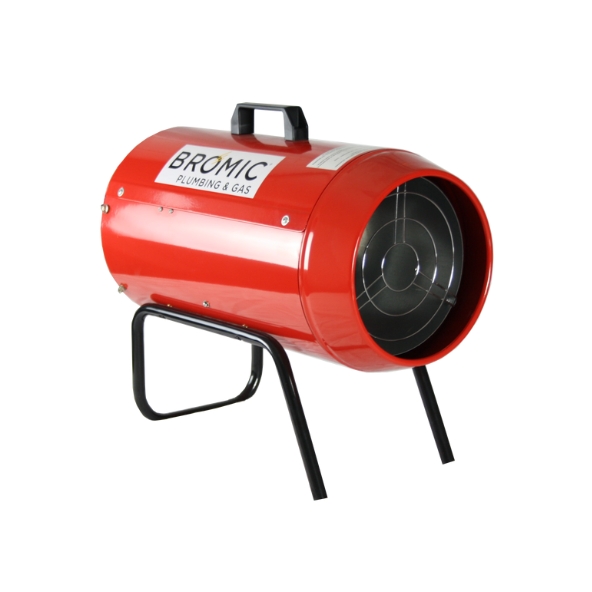 A red portable heater stands on black metal legs. It is labeled 
