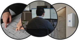 A person points at a blueprint, another types at dual monitors in an office, and a smart thermostat is mounted on a wall.