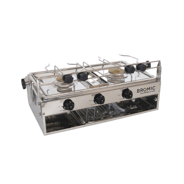 A stainless steel double-burner gas stove with control knobs is set for cooking. The brand name 