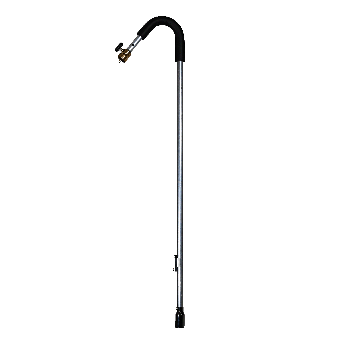 A metal telescopic rod with a curved black handle and adjustable brass mechanism, positioned vertically against a white background.