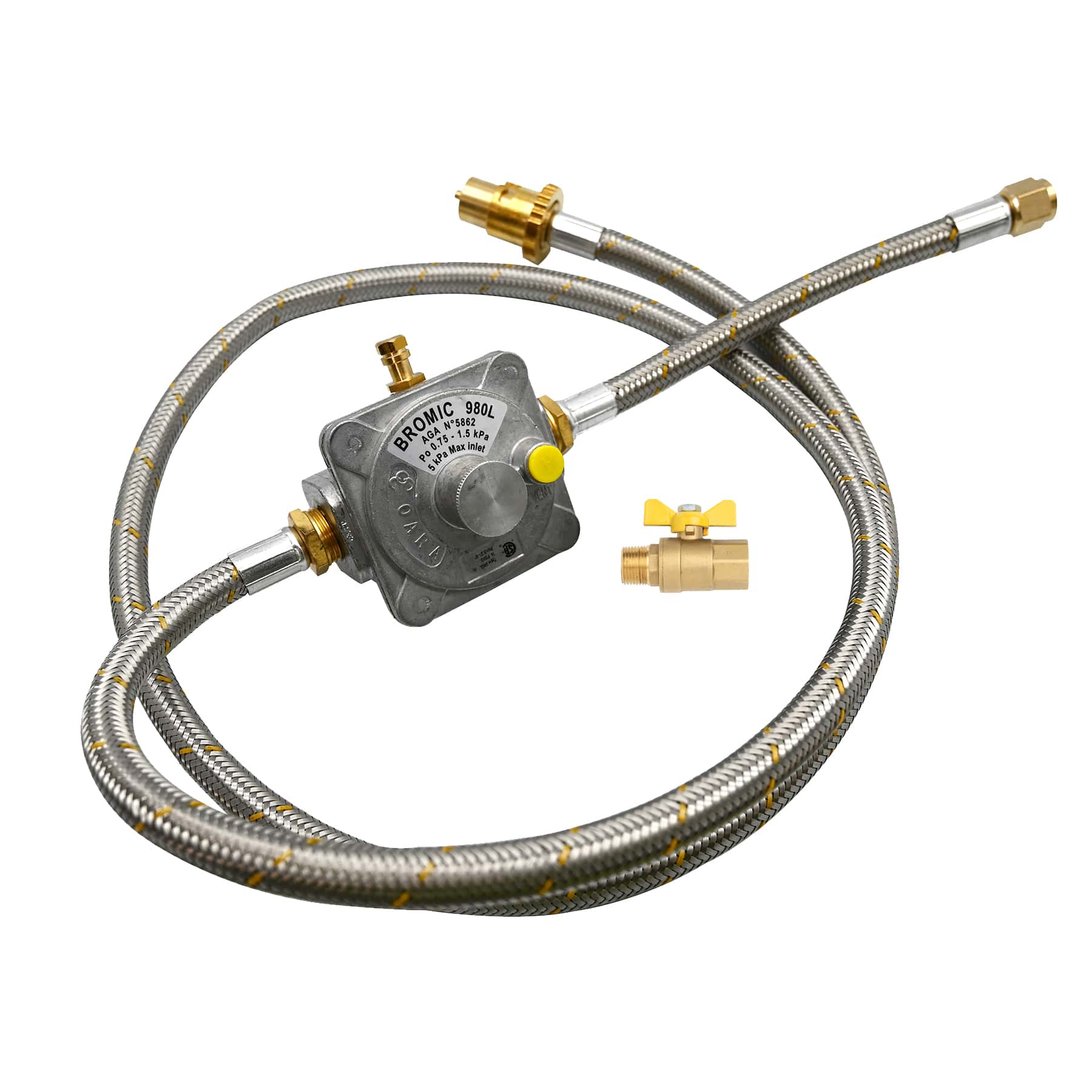 A gas regulator with flexible stainless steel hoses, marked 