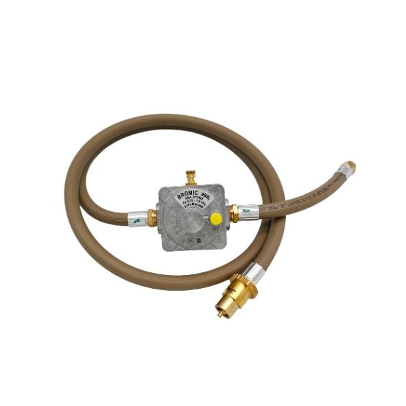 A circular hose with a brass connector attaches to a grey regulator labeled 