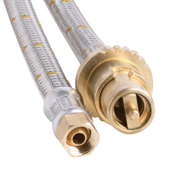 Two braided metal hoses with brass fittings lay side by side, showcasing their threaded connectors against a plain white background.