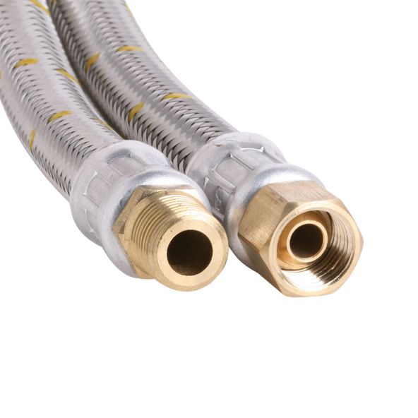 Two metal braided hoses with brass connectors lie side-by-side against a white background, displaying their threaded and open ends prominently.