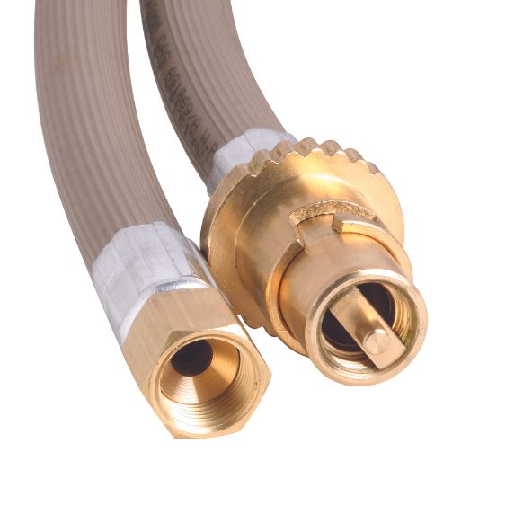 A flexible gas hose features brass connector fittings on both ends. The hose is coiled slightly, with a threaded nut and a quick-release coupling for secure attachment, on a plain white background.