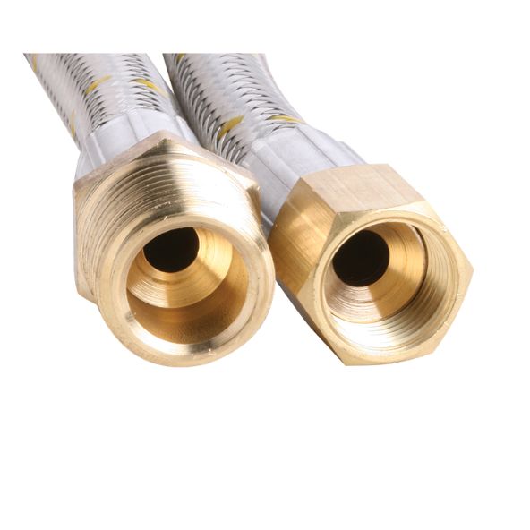 Two metal hoses with brass hexagonal fittings lie side by side against a white background, designed for fluid transport, featuring a flexible, braided texture for durability.
