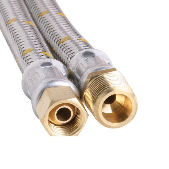 Two flexible metal hoses with brass fittings are coiled, displaying their threaded ends. The braided exterior suggests durability and resistance, suitable for plumbing connections in various settings.