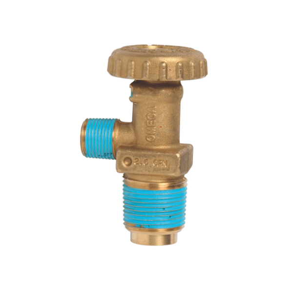 A brass valve with blue threaded connectors, labeled 