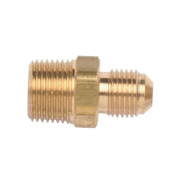 A brass fitting with dual threaded ends lies horizontally, showcasing grooved sections and a central hexagonal nut, isolated against a plain white background.