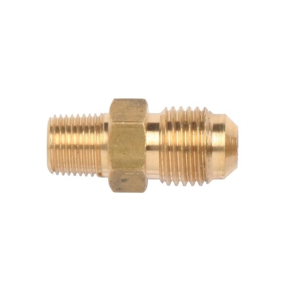 A brass fitting with threaded ends connects pipes, shown against a plain white background.