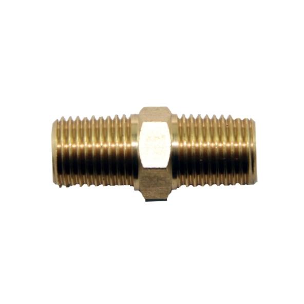 A brass hex nipple with male threads extends on both sides, resting on a white background, designed for plumbing connections.