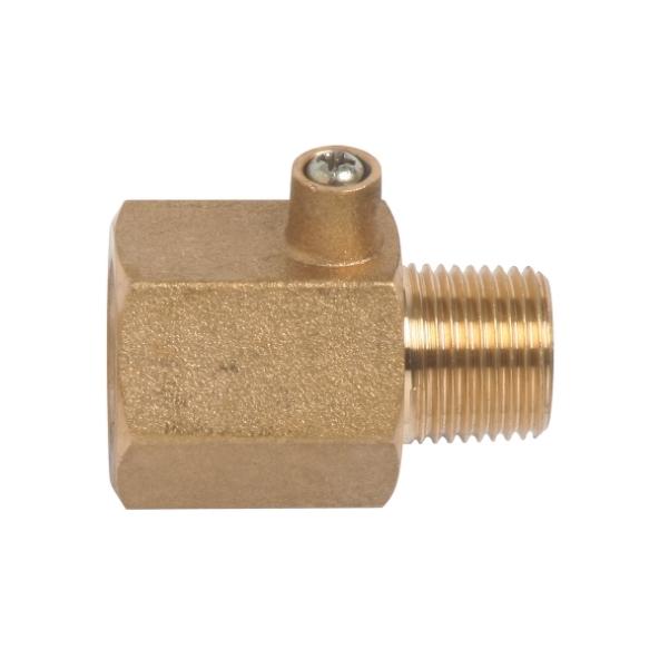 A metallic hexagonal connector with an external threaded section and a small protruding screw on top, set against a plain white background.