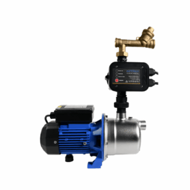 A domestic water pressure booster pump system featuring a blue electric motor connected to a stainless steel pump housing, with a black electronic pressure controller and brass fittings mounted on top.