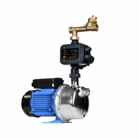 A domestic water pressure booster pump system featuring a blue electric motor connected to a stainless steel pump housing, with a black electronic pressure controller and brass fittings mounted on top.