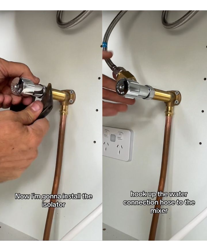 Hands manipulate plumbing components; the left shows installing an isolator, and the right connects a hose to the mixer. Background includes pipes, an outlet, and white wall. Text reads: 