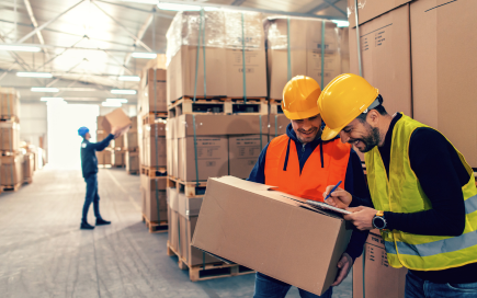 Workers handle cardboard boxes, jotting down information; they are inside a large, well-lit warehouse with stacked parcels and another worker arranging boxes in the background.