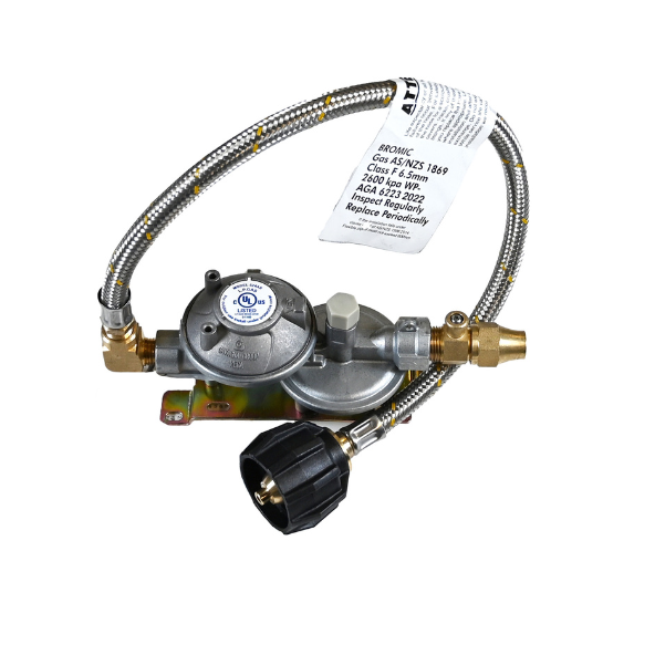 Dual-stage LPG gas regulator with braided hose, black POL connector, and inspection tag, designed for outdoor gas appliances.