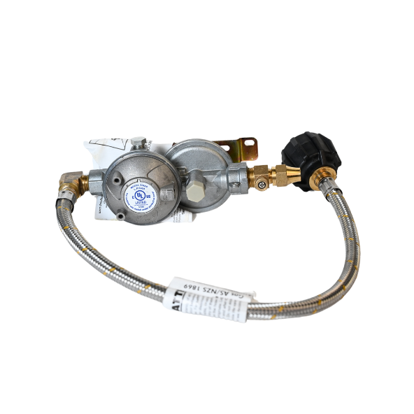 LPG dual-stage gas regulator with stainless steel braided hose and black POL fitting, shown with certification labels and mounting bracket.