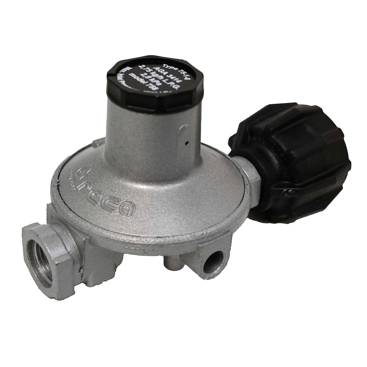 A silver and black gas regulator features a cylindrical cap displaying text: 