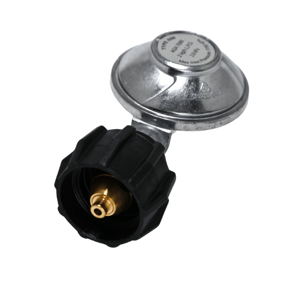 Metal gas regulator with a black plastic connector and brass fitting, designed for controlling gas flow. It contains a label displaying technical specifications, set against a plain white background.