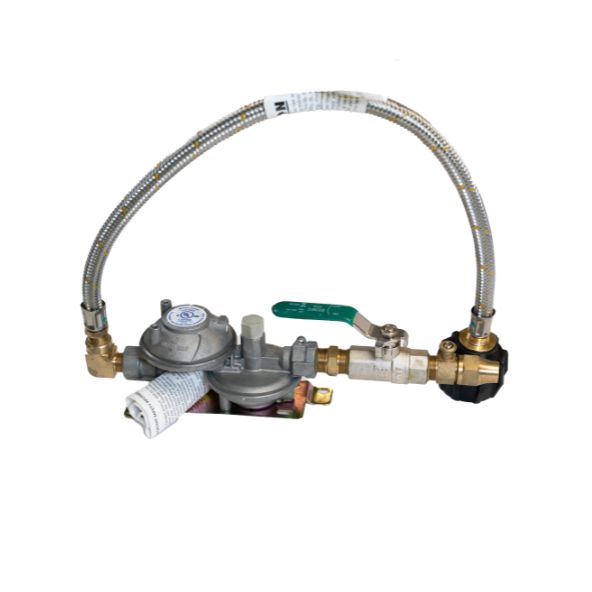 A gas regulator assembly with a flexible metallic hose connects to a shut-off valve and various fittings, placed against a white background. A label with text is attached to the hose.