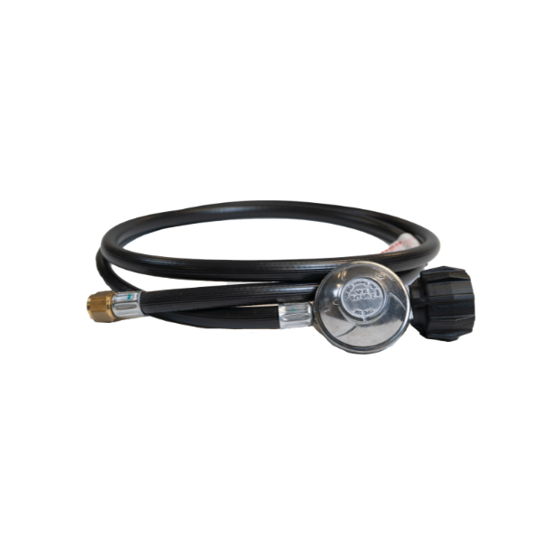 A black propane gas hose with a regulator and connectors is coiled. The context is a white background, emphasizing the coiled configuration of the hose.