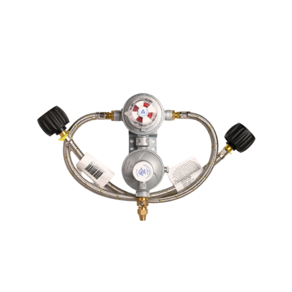 Dual LPG gas regulator with braided stainless steel hoses and two POL connections, used for connecting to two gas cylinders for continuous supply.