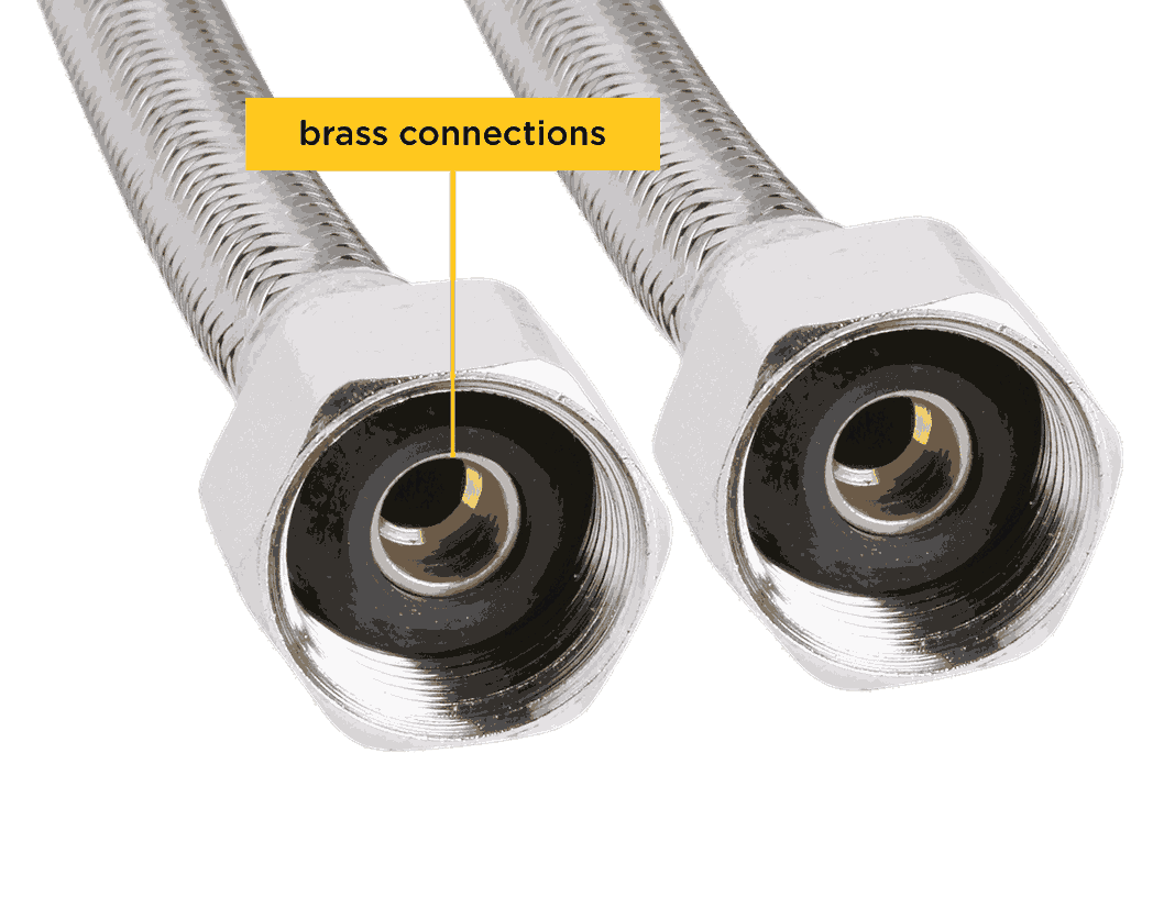 A close-up of two flexible braided gas hoses with hexagonal fittings, showcasing internal brass connections. A yellow label with an arrow highlights the 'brass connections' inside the fittings.