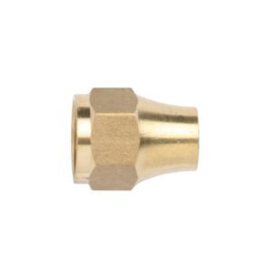 Brass 45-degree flare nut fitting with a 3/8 SAE female thread, commonly used in gas and refrigeration connections.