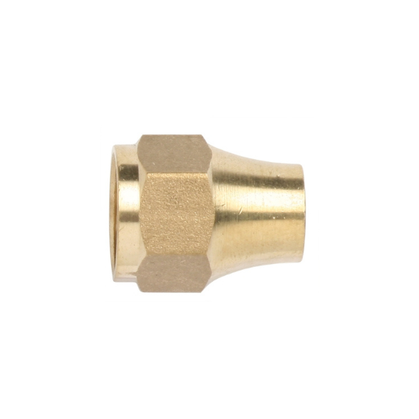 Brass 45-degree flare nut fitting with a 3/8 SAE female thread, commonly used in gas and refrigeration connections.