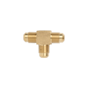 Brass T-fitting with 45-degree flare and three 5/16 SAE male threaded ends, used for splitting gas or fluid lines.