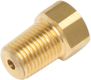 brass gas adaptor or jet nozzle, typically used in gas fittings, propane, or natural gas applications. It features a threaded male connection on one end and a small precision hole on the other, likely for regulating gas flow. 