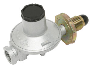 gas regulator, commonly used for controlling the pressure of propane or natural gas in various applications such as outdoor heating, barbecues, or industrial gas systems. It features a threaded inlet connection, an outlet for gas flow, and an adjustment knob on top for pressure regulation.