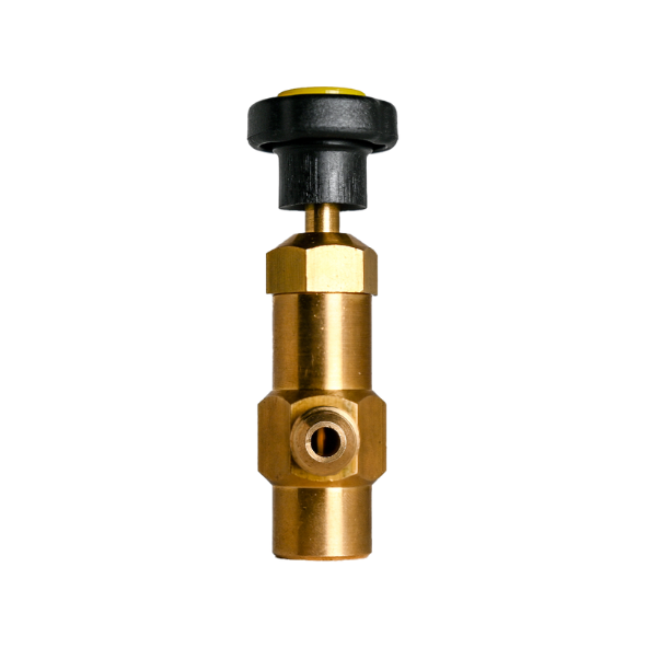 Brass gas control valve with a black plastic knob and hexagonal fittings, used for regulating gas flow in combustion equipment.