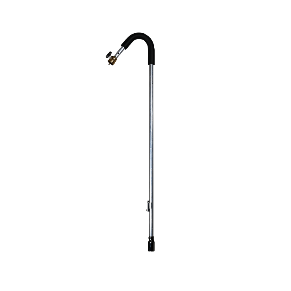 Long-handled weed burner torch with a curved top section and brass gas valve, used for outdoor flame weeding or spot heating applications.