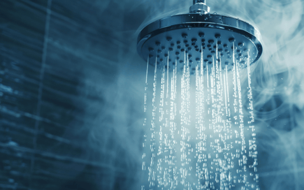 Hot shower head with steam rising in a tiled bathroom, symbolizing hot water usage and energy.