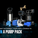 Promotional graphic showing various Waterboy™ pumps with the text: 'Buy any Waterboy™ pump for a chance to win a pump pack' on a dark background with water effects.