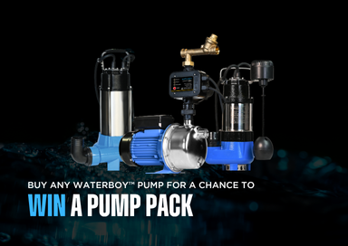 Promotional graphic showing various Waterboy™ pumps with the text: 'Buy any Waterboy™ pump for a chance to win a pump pack' on a dark background with water effects.