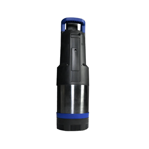 800W submersible water pump with a black and stainless steel body, blue accents, and a built-in handle at the top.