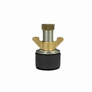 Brass and rubber test plug with a threaded tightening screw and wing nut, used for sealing or pressure testing pipes.