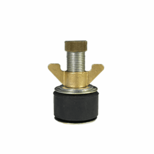 Brass and rubber test plug with a threaded tightening screw and wing nut, used for sealing or pressure testing pipes.