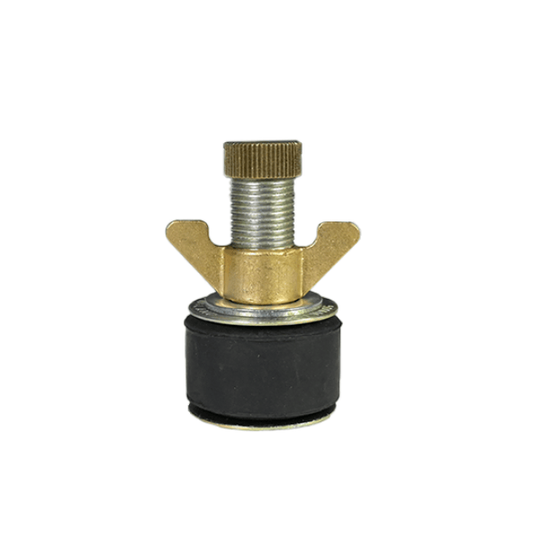 Brass and rubber test plug with a threaded tightening screw and wing nut, used for sealing or pressure testing pipes.