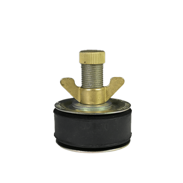 Brass and rubber test plug with a threaded tightening screw and wing nut, used for sealing or pressure testing pipes.