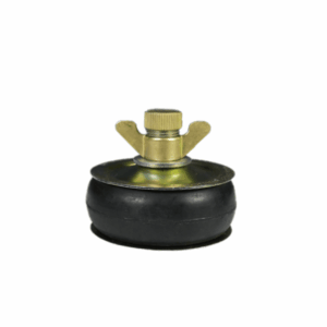 Brass and rubber test plug with a threaded tightening screw and wing nut, used for sealing or pressure testing pipes.