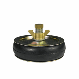 Brass and rubber test plug with a threaded tightening screw and wing nut, used for sealing or pressure testing pipes.