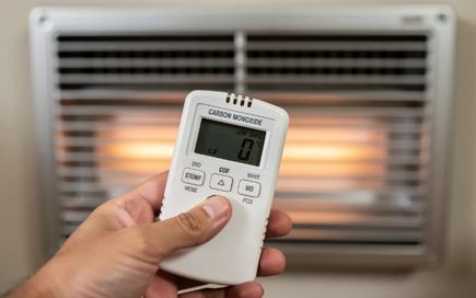 Plumber holding CO2 device checking a gas heater